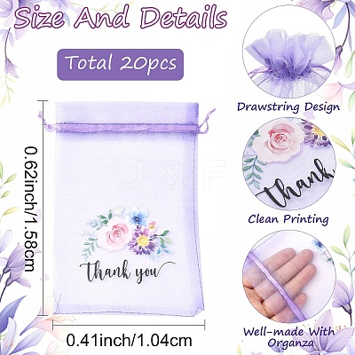 20Pcs Thank You Flower Printed Organza Drawstring Bags OP-YW0001-04A-1