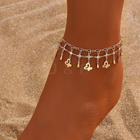 Fashionable Double Layer Women's Brass Butterfly Charms Anklets with Glass for Casual EV7586-1