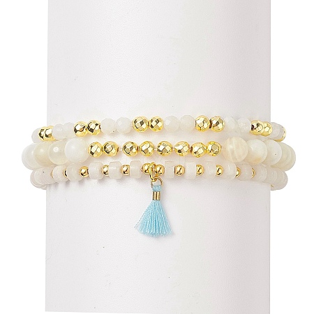 3Pcs 3 Style Natural White Jade & Moonstone & Synthetic Hematite Beaded Stretch Bracelets Set BJEW-JB09120-1