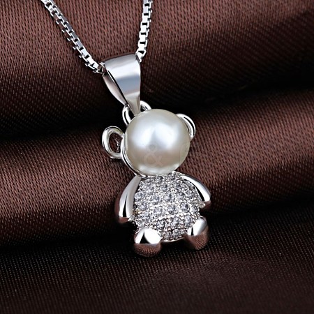 925 Sterling Silver Bear Pendant Necklace with Pearl NJEW-BB72255-A-1