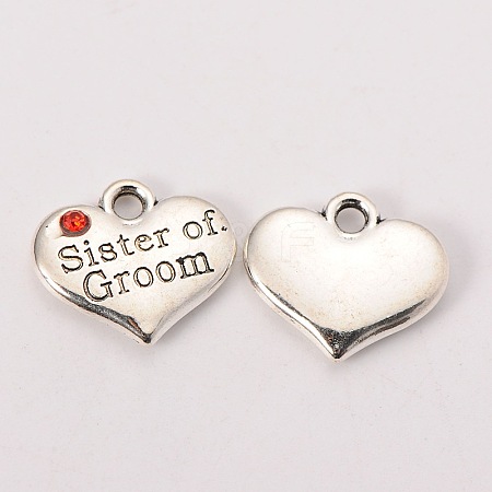 Antique Silver Tone Tibetan Style Heart with Sister of Groom Rhinestone Charms X-TIBEP-N005-08A-1