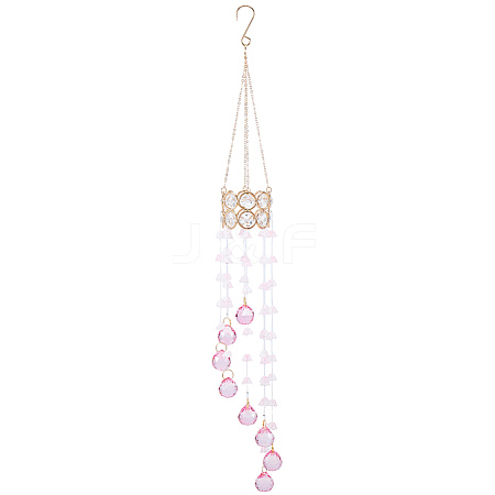 Flower Round Glass Beads Tassel Hanging Suncatchers for Window Garden Outdoor Decoration HJEW-WH20020-007B-1
