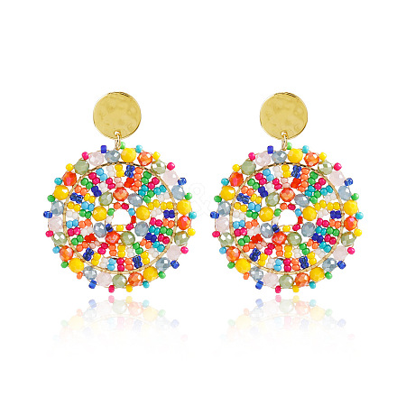 Flat Round 304 Stainless Steel Glass Seed Beads Dangle Stud Earrings FS-WG93238-03-1