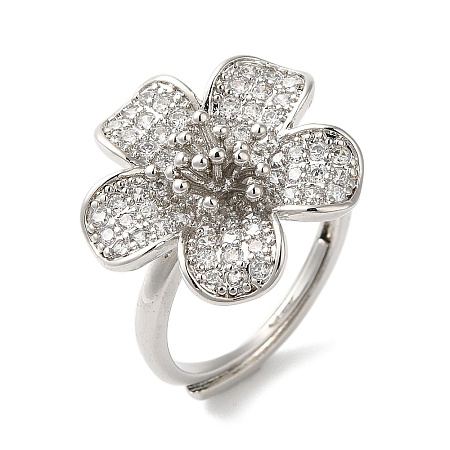 Rack Plating Flower Brass Micro Pave Clear Cubic Zirconia Adjustable Rings RJEW-S413-01P-1