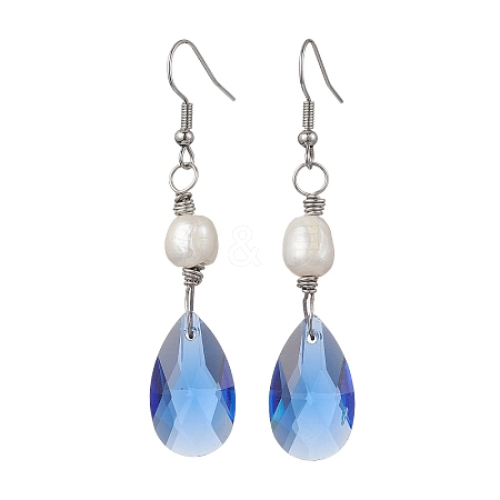 Glass Teardrop & Natural Pearl Dangle Earrings EJEW-JE05725-1