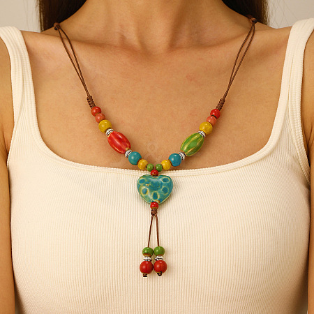 Porcelain Heart Pendant Tassel Waxed Cord Adjustable Necklaces for Women FS-WGB3124-01-1