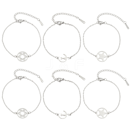 UNICRAFTALE 6Pcs 3 Styles 201 Stainless Steel Pentacle Link Bracelets BJEW-UN0001-16P-1