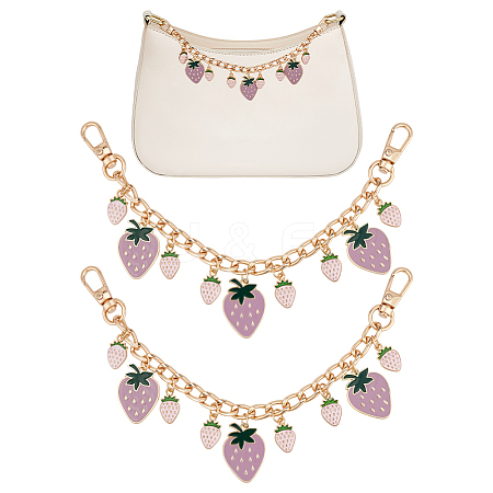 2Pcs Alloy Enamel Strawberry Pendant Aluminum Curb Chain Bag Decorative Chains HJEW-UN00094-1