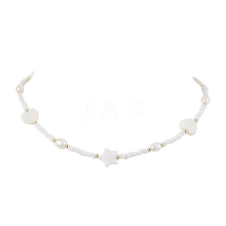 Heart Star Glass Seed Beads & Natural Cultured Freshwater Pearl & Shell Beaded Necklaces NJEW-TA00172-1