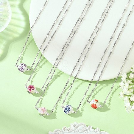 Handmade Flower Printed Porcelain Round Pendant 304 Stainless Steel Satellite Chain Necklaces for Women NJEW-JN06474-1