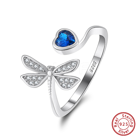 Rhodium Plated Dragonfly & Heart 925 Sterling Silver Micro Pave Cubic Zirconia Open Cuff Rings for Women STER-P065-17P-1