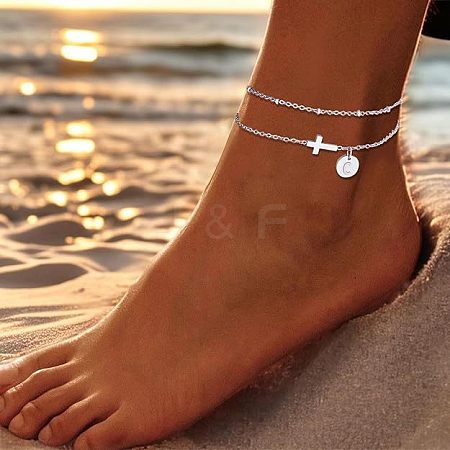 304 Stainless Steel Sideways Cross Link Anklets with Flat Round Initial Charms FS-WG42793-14-1