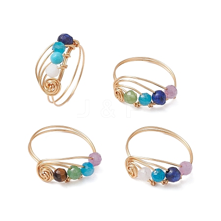 Copper Wire Wrapped Natural Gemstone Round Beaded Finger Rings for Women RJEW-JR00751-1