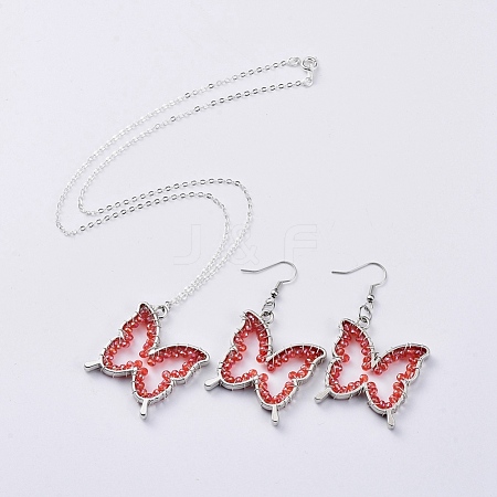  Jewelry Beads Findings Glass Dangle Earring & Pendant Necklace Jewelry Sets, with Silver Plated Brass Cable Chain, Rack Plating Alloy Open Back Bezel Pendants and Brass Earring Hooks, Butterfly, Red, 17.99"(45.7cm); 55mm; Pin: 0.6mm