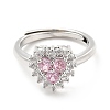 Rack Plating Brass Micro Pave Pink & Crystal Cubic Zirconia Heart Adjustable Rings RJEW-E064-17P-2