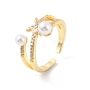 Clear Cubic Zirconia Star Open Cuff Ring with Plastic Pearl Beaded RJEW-C058-01G-1