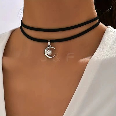Gothic Moon with Round CCB Plastic Pendant Black Velvet Double Layer Choker Necklaces FS-WG1056C-01-1