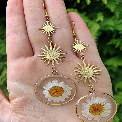 Iron Resin Daisy Dried Flower Dangle Earrings FS-WG4FF56-01-1