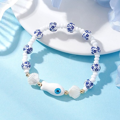 Handmade Flower Printed Porcelain Ceramic Glass Beaded Bracelets for Women BJEW-MZ00291-1