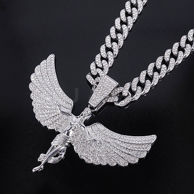 Zinc Alloy Full Crystal Rhinestone Goddess with Angel Wings Pendant Cuban Link Chain Necklaces for Women FS-WGAC8C0-02-1