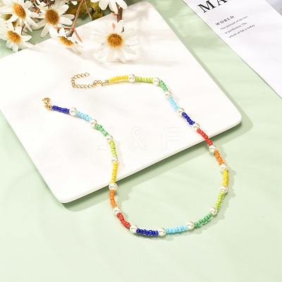 Glass Seed & Glass Pearl Beaded Necklace for Girl Women NJEW-TA00007-1