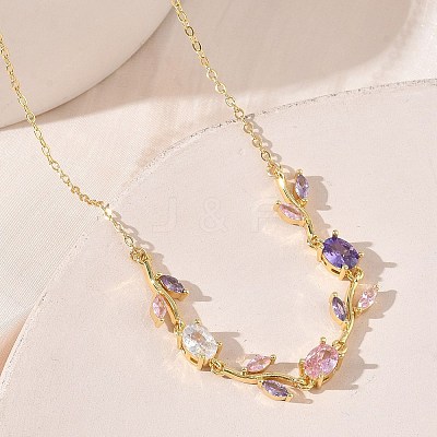 Brass Pave Cubic Zirconia Rose Flower Link Cable Chain Necklaces for Women NJEW-C121-05B-06G-1