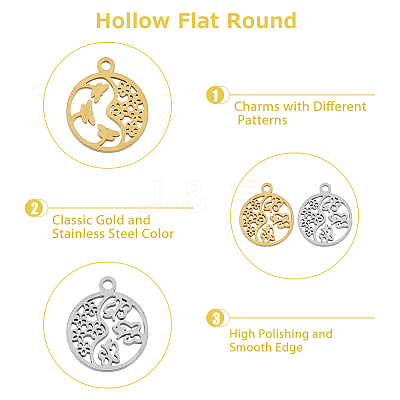 16Pcs 4 Style 304 Stainless Steel Textured Pendants Ion Plating(IP) STAS-DC0013-03-1