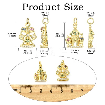 6Pcs 2 Styles Ferris Wheel & Castle Brass Micro Pave Cubic Zirconia Pendants KK-CJ0005-74-1