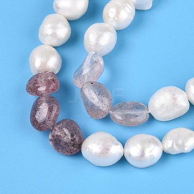 Natural Strawberry Quartz Nuggets & Natural Cultured Freshwater Pearl Beads Strands PEAR-N023-01A-13-1