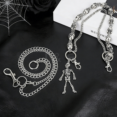 2Pcs 2 Styles Gothic Alloy Skull Link Chains for Pants HJEW-PH0002-05-1