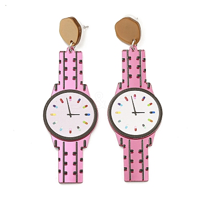 Sparkling Acrylic Watch Dangle Stud Earrings with 304 Stainless Steel Pins EJEW-C063-01C-1