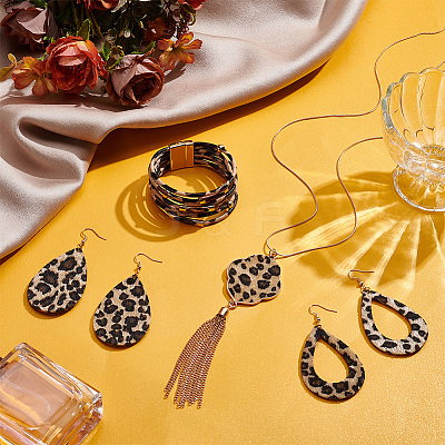 Leopard Print Teardrop Dangle Earrings & Multi-strand Bracelet & Tassel Pendant Necklace AJEW-AN0007-08-1