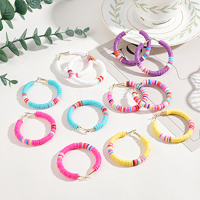 6 Pairs 6 Colors Polymer Clay Heishi Surfer Beaded Hoop Earrings EJEW-AN0002-23-1