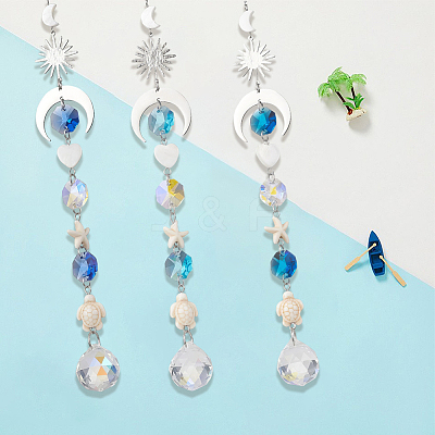 3Pcs Glass Round & Octagonal Beads Hanging Suncatchers HJEW-CN0001-40-1