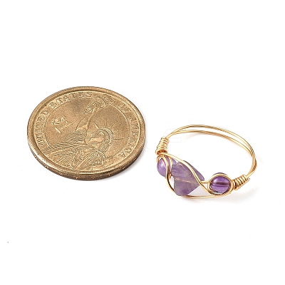 Copper Wire Wrapped Natural Amethyst & Rose Quartz & Red Jasper Braided Bead Rings for Women RJEW-JR00849-1