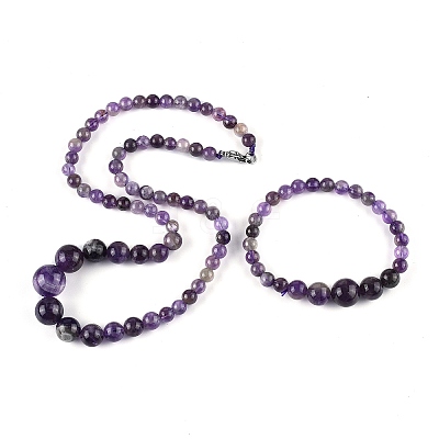 Natural Amethyst Graduated Beads Necklaces and Bracelets Jewelry Sets SJEW-L132-01-1