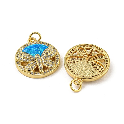 Flat Round with Dragonfly Brass Pendants Micro Pave Cubic Zirconia with Synthetic Opal KK-K356-06G-1