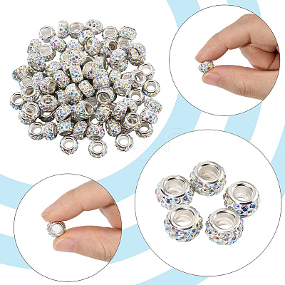 80Pcs Polymer Clay Rhinestone European Large Hole Beads with Silver Color Plated Brass Cores FPDL-LT0001-02D-1