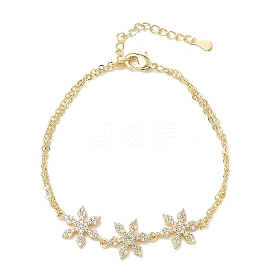 Brass Micro Pave Clear Cubic Zirconia Triple Flower Link 2-Strand Bracelets KK-CBA6980-16G-1