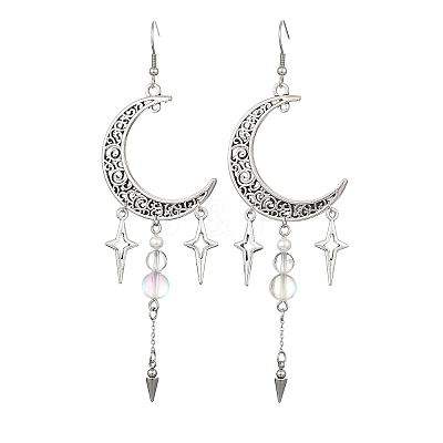 Natural Quartz Crystal & Synthetic Moonstone Beads & Alloy Pendant Chandelier Earrings EJEW-TA00814-1