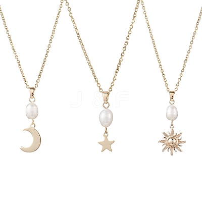 3Pcs 3 Styles Natural Cultured Freshwater Pearl & 304 Stainless Steel & Brass Moon Star Sun Pendant 304 Stainless Steel Cable Chain Necklaces for Women NJEW-JN05364-1