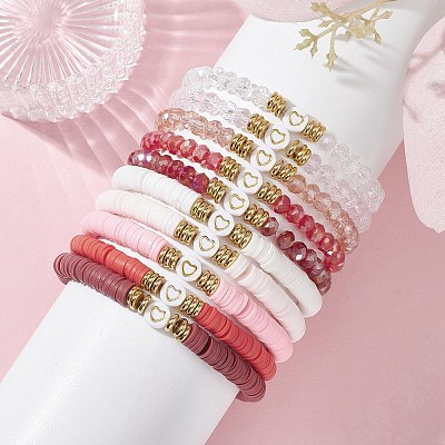 10Pcs Polymer Clay Disc & Glass & Brass Beaded Stretch Bracelets Set BJEW-JB09676-02-1