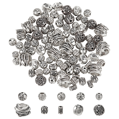 100Pcs 10 Styles Tibetan Silver Beads FIND-FG0003-84-1