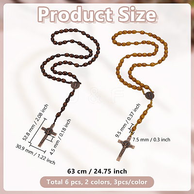6Pcs 2 Colors Alloy Religion Crucifix Cross Pendant Wood Rice Beaded Rosary Bead Necklaces NJEW-GO0001-07-1