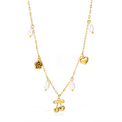 304 Stainless Steel & Imitation Pearl Cherry Heart Flower Pendant Bib Necklaces for Women FS-WG0B26B-01-1