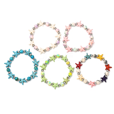 5Pcs Round & Starfish Synthetic Turquoise Beads & Brass Beads Stretch Bracelets Sets BJEW-JB12417-1