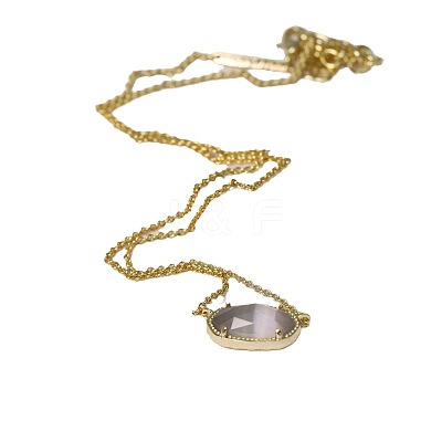Brass Pave Gray Cat Eye Faceted Oval Pendant Necklaces for Women WG13C77-01-1