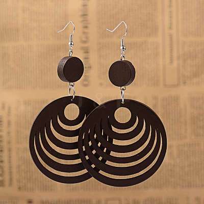Elegant Fashion Flat Round Wood Dangle Earrings EJEW-I183-1