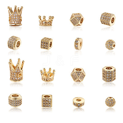 16Pcs 8 Style Rack Plating Brass Cubic Zirconia Beads ZIRC-MP0001-01-1
