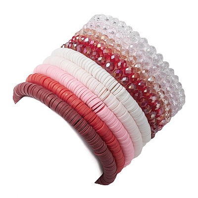 10Pcs Polymer Clay Disc & Glass & Brass Beaded Stretch Bracelets Set BJEW-JB09676-02-1